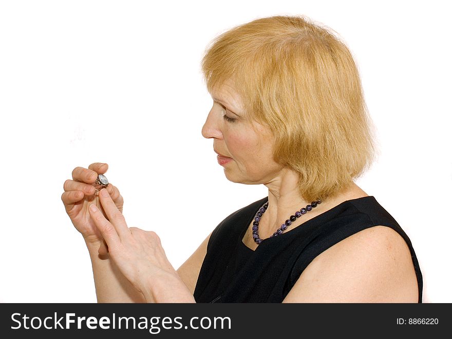 Woman, on white background, try ring on finger. Woman, on white background, try ring on finger