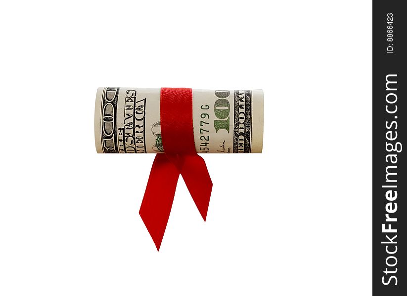 Bank-note with a red ribbon on white. Bank-note with a red ribbon on white