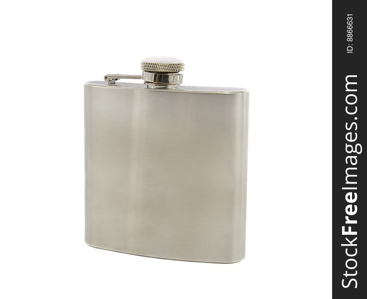 Silver flask of brandy isolated over a white background. Silver flask of brandy isolated over a white background