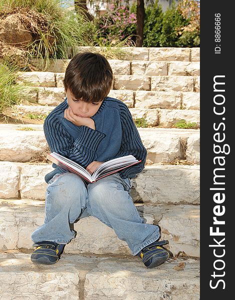 The boy reading the book in park