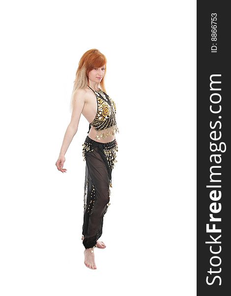 Girl dances belly dance on white background