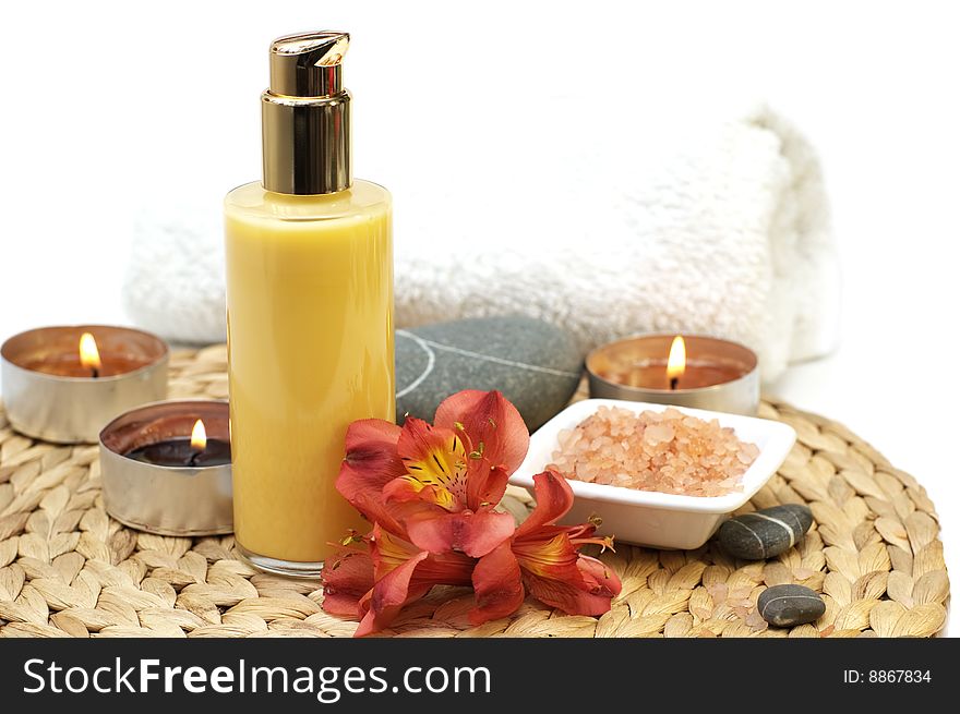 Spa, massage and bath items in a relaxing and serene setting. Spa, massage and bath items in a relaxing and serene setting