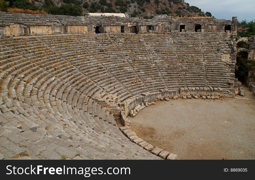 The Greek theater in the ancient Lycian city of Myra, Turkey. The Greek theater in the ancient Lycian city of Myra, Turkey