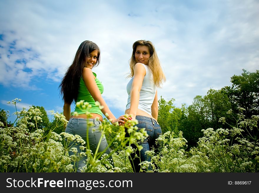 Two girls on a blossoming meadow. Two girls on a blossoming meadow