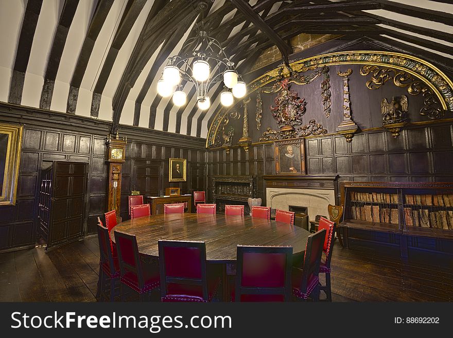 Here is an hdr photograph taken from Chetham&#x27;s Library reading room. The library is one of the oldest public libraries in Britain. Both Karl Marx and Friedrich Engels spent time studying and reading in this library. Located in Manchester, Greater Manchester, England, UK.