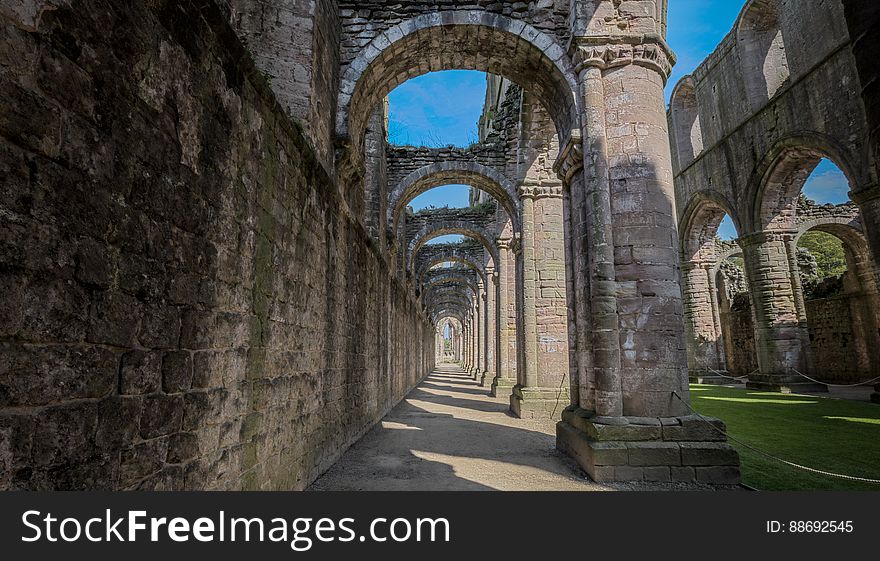 Here is an hdr photograph taken of a corridor inside the ruins of Fountains Abbey. Located in Ripon, Yorkshire, England, UK. Here is an hdr photograph taken of a corridor inside the ruins of Fountains Abbey. Located in Ripon, Yorkshire, England, UK.