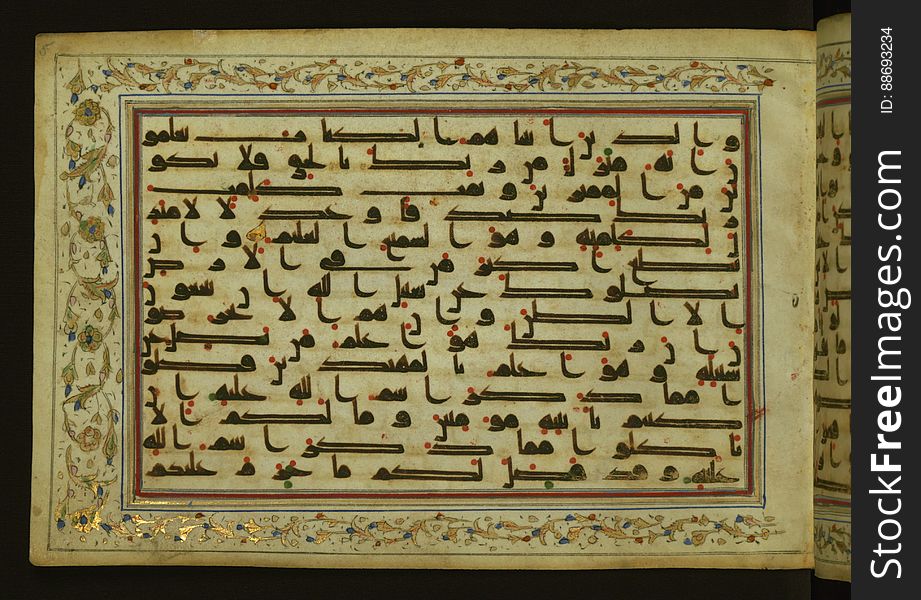 This horizontal-format manuscript on parchment is an illuminated fragment of the Qur&#x27;an, containing portions of chapters 4 &#x28;SÅ«rat al-nisÄÊ¾&#x29;, 6 &#x28;SÅ«rat al-anÊ¿Äm&#x29;, 7 &#x28;SÅ«rat al-aÊ¿rÄf&#x29;, and 10 &#x28;SÅ«rat YÅ«nus&#x29;. The fragment probably dates to the third century AH / ninth CE. The text is written in an Early Abbasid &#x28;Kufic&#x29; script in dark brown ink and vocalized with red and green dots. Verse markers in the shape of a stylized letter hÄ&#x27; and rosettes indicate groups of five and ten verses. The text is framed by later red, blue, and gold framing lines and a polychrome and gold floral border. The black blind-tooled leather binding with central lobed, pointed oval and pendants is attributable to the thirteenth century AH / nineteenth CE. See this manuscript page by page at the Walters Museum Website: art.thewalters.org/viewwoa.aspx?id=3124. This horizontal-format manuscript on parchment is an illuminated fragment of the Qur&#x27;an, containing portions of chapters 4 &#x28;SÅ«rat al-nisÄÊ¾&#x29;, 6 &#x28;SÅ«rat al-anÊ¿Äm&#x29;, 7 &#x28;SÅ«rat al-aÊ¿rÄf&#x29;, and 10 &#x28;SÅ«rat YÅ«nus&#x29;. The fragment probably dates to the third century AH / ninth CE. The text is written in an Early Abbasid &#x28;Kufic&#x29; script in dark brown ink and vocalized with red and green dots. Verse markers in the shape of a stylized letter hÄ&#x27; and rosettes indicate groups of five and ten verses. The text is framed by later red, blue, and gold framing lines and a polychrome and gold floral border. The black blind-tooled leather binding with central lobed, pointed oval and pendants is attributable to the thirteenth century AH / nineteenth CE. See this manuscript page by page at the Walters Museum Website: art.thewalters.org/viewwoa.aspx?id=3124