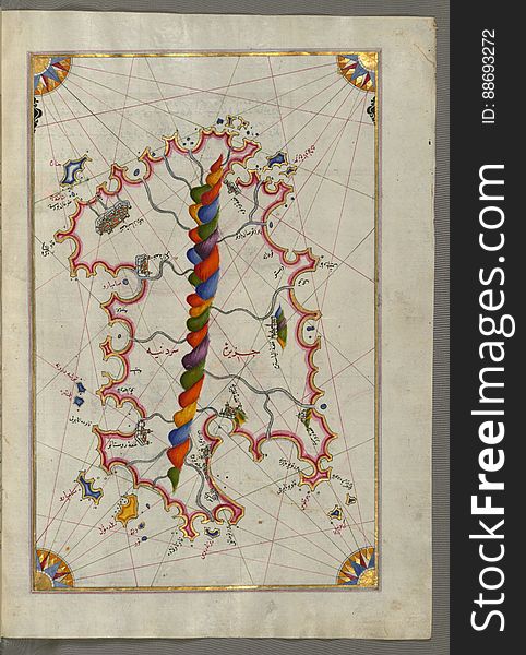 Originally composed in 932 AH / 1525 CE and dedicated to Sultan SÃ¼leyman I &#x28;&quot;The Magnificent&quot;&#x29;, this great work by Piri Reis &#x28;d. 962 AH / 1555 CE&#x29; on navigation was later revised and expanded. The present manuscript, made mostly in the late 11th AH / 17th CE century, is based on the later expanded version with some 240 exquisitely executed maps and portolan charts. They include a world map &#x28;fol.41a&#x29; with the outline of the Americas, as well as coastlines &#x28;bays, capes, peninsulas&#x29;, islands, mountains and cities of the Mediterranean basin and the Black Sea. The work starts with the description of the coastline of Anatolia and the islands of the Aegean Sea, the Peloponnese peninsula and eastern and western coasts of the Adriatic Sea. It then proceeds to describe the western shores of Italy, southern France, Spain, North Africa, Palestine, Israel, Lebanon, Syria, western Anatolia, various islands north of Crete, Sea of Marmara, Bosporus and the Black Sea. It ends with a map of the shores of the the Caspian Sea &#x28;fol.374a&#x29;. This leaf is a map of Sardinia. See this manuscript page by page at the Walters Art Museum website: art.thewalters.org/viewwoa.aspx?id=19195. Originally composed in 932 AH / 1525 CE and dedicated to Sultan SÃ¼leyman I &#x28;&quot;The Magnificent&quot;&#x29;, this great work by Piri Reis &#x28;d. 962 AH / 1555 CE&#x29; on navigation was later revised and expanded. The present manuscript, made mostly in the late 11th AH / 17th CE century, is based on the later expanded version with some 240 exquisitely executed maps and portolan charts. They include a world map &#x28;fol.41a&#x29; with the outline of the Americas, as well as coastlines &#x28;bays, capes, peninsulas&#x29;, islands, mountains and cities of the Mediterranean basin and the Black Sea. The work starts with the description of the coastline of Anatolia and the islands of the Aegean Sea, the Peloponnese peninsula and eastern and western coasts of the Adriatic Sea. It then proceeds to describe the western shores of Italy, southern France, Spain, North Africa, Palestine, Israel, Lebanon, Syria, western Anatolia, various islands north of Crete, Sea of Marmara, Bosporus and the Black Sea. It ends with a map of the shores of the the Caspian Sea &#x28;fol.374a&#x29;. This leaf is a map of Sardinia. See this manuscript page by page at the Walters Art Museum website: art.thewalters.org/viewwoa.aspx?id=19195
