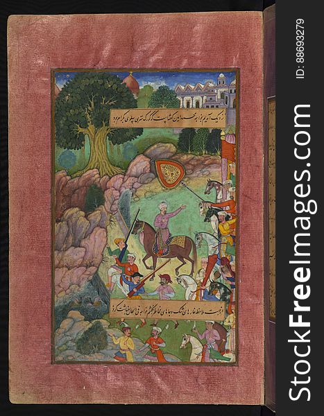 In this leaf Babur and his men stop for the night before crossing the Indus river on their way to Hindustan See this manuscript page by page at the Walters Art Museum website: art.thewalters.org/viewwoa.aspx?id=1759 Written originally in Chaghatay Turkish and later translated into Persian, BÄburnÄmah is the story of a Timurid ruler of Fergana &#x28;Central Asia&#x29;, áº’ahÄ«r al-DÄ«n Muá¸¥ammad BÄbur &#x28;866 AH /1483 CE - 937 AH / 1530 CE&#x29;, who conquered northern India and established the Mughal Empire. The present codex, being a fragment of a dispersed copy, was executed most probably in the late 10th AH /16th CE century. It contains 30 mostly full-page miniatures in fine Mughal style by at least two different artists. Another major fragment of this work &#x28;57 folios&#x29; is in the State Museum of Eastern Cultures, Moscow. In this leaf Babur and his men stop for the night before crossing the Indus river on their way to Hindustan See this manuscript page by page at the Walters Art Museum website: art.thewalters.org/viewwoa.aspx?id=1759 Written originally in Chaghatay Turkish and later translated into Persian, BÄburnÄmah is the story of a Timurid ruler of Fergana &#x28;Central Asia&#x29;, áº’ahÄ«r al-DÄ«n Muá¸¥ammad BÄbur &#x28;866 AH /1483 CE - 937 AH / 1530 CE&#x29;, who conquered northern India and established the Mughal Empire. The present codex, being a fragment of a dispersed copy, was executed most probably in the late 10th AH /16th CE century. It contains 30 mostly full-page miniatures in fine Mughal style by at least two different artists. Another major fragment of this work &#x28;57 folios&#x29; is in the State Museum of Eastern Cultures, Moscow.