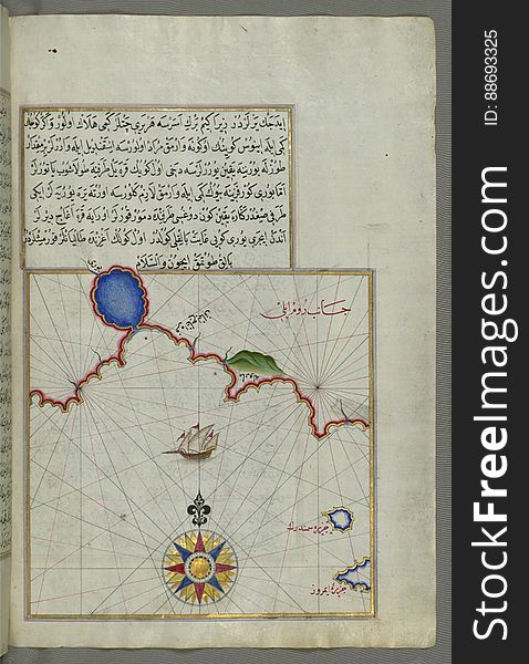 Illuminated Manuscript Map of part of the European coastline with the islands of Semendrek &#x28;Samothraki&#x29; and Imroz &#x28