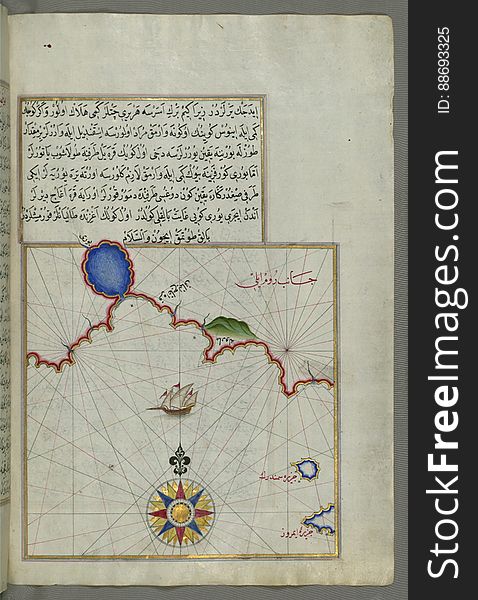 Illuminated Manuscript Map Of Part Of The European Coastline With The Islands Of Semendrek &x28;Samothraki&x29; And Imroz &x28;