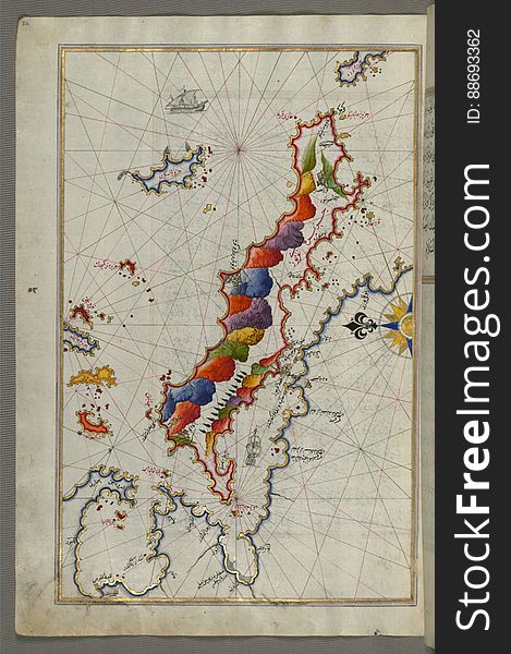 Illuminated Manuscript Map of the islands of Skyros &#x28;İskire&#x29; and Euboea &#x28;Evvoia, Aghrībūz, Eğriboz&#x29;, from
