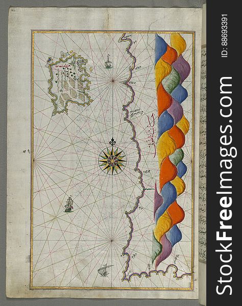 Illuminated Manuscript Map of The island of Bozjah &#x28;Tenedos&#x29; off the coast of Anatolia, from Book on Navigation, Walters