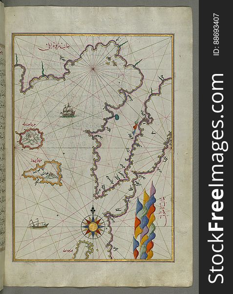 Illuminated Manuscript Map Of The Islands Of Semendrek &x28;Samothraki&x29; And Imroz &x28;Imbros&x29; In The Aegean Sea, From