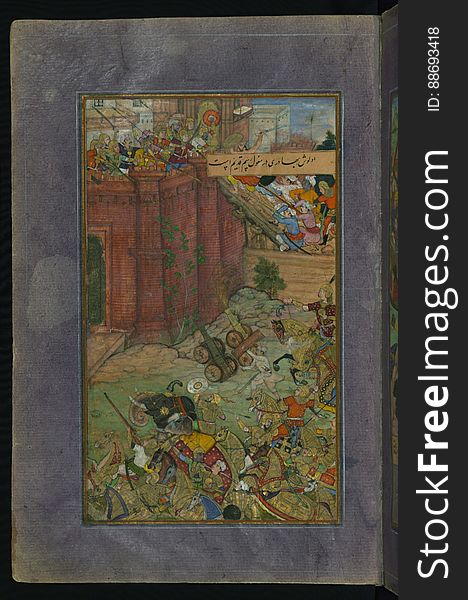 The Siege And Battle Of Isfarah. Babur And His Army Assaults The Fortress Of IbrÄhÄ«m SÄrÅ«, From Illuminated Manuscript Baburna