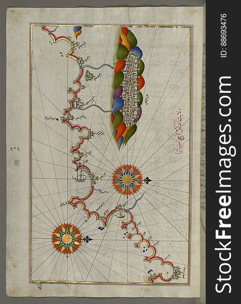 Illuminated Manuscript Map Of The Coast Of Andalusia With The City Of Grenada &x28;GharnÄtah&x29;, From Book On Navigation, Wal