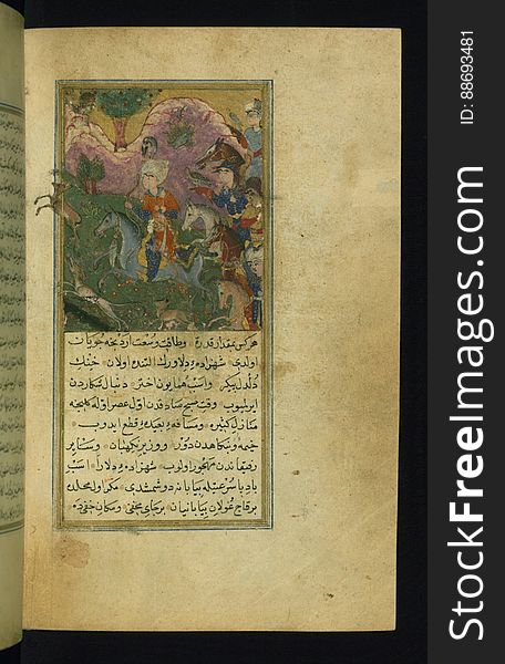 The prince hunting. Leaf from an Ottoman Turkish version of the well-known story of Sindbad &#x28;SindbÄdnÄmah&#x29; made from the Persian by Ê¿AbdÃ¼lkerÄ«m bin Muá¸¥ammed during the reign of Sultan Sulayman &#x28;Soliman&#x29; &#x28;reg.926 AH / 1520 CE - 974 AH / 1566 CE&#x29; and entitled Tuá¸¥fet Ã¼l-aá¸«yÄr. This anonymous copy contains six illustrations made in the 10th century AH /16th CE. See this manuscript page by page at the Walters Art Museum website: art.thewalters.org/viewwoa.aspx?id=35391. The prince hunting. Leaf from an Ottoman Turkish version of the well-known story of Sindbad &#x28;SindbÄdnÄmah&#x29; made from the Persian by Ê¿AbdÃ¼lkerÄ«m bin Muá¸¥ammed during the reign of Sultan Sulayman &#x28;Soliman&#x29; &#x28;reg.926 AH / 1520 CE - 974 AH / 1566 CE&#x29; and entitled Tuá¸¥fet Ã¼l-aá¸«yÄr. This anonymous copy contains six illustrations made in the 10th century AH /16th CE. See this manuscript page by page at the Walters Art Museum website: art.thewalters.org/viewwoa.aspx?id=35391