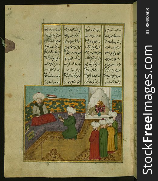 This is an illuminated and illustrated copy of the Ḫamse &#x28;quintet&#x29; of the Ottoman Turkish poet and scholar ʿAṭāʾullāh bin Yaḥyá ʿAṭāʾī &#x28;d. 1044 AH / 1634 CE&#x29;. Although different in content, this work takes its inspiration from the famous Persian Khamsah of Niẓāmī Ganjavī &#x28;d. 605 AH / 1209 CE&#x29; and the Khamsah of Amīr Khusraw Dihlavī &#x28;d. 725 AH / 1325 CE&#x29;. This Ottoman copy of ʿAṭāʾī&#x27;s work ends with a portion of his Dīvān &#x28;fols. 142b-151b&#x29; instead of the fifth poem &#x28;mesnevi&#x29;, Ḥilyet ül-efkār. The text, written in nastaʿlīq script, was copied by Ḫeyrullah Ḫeyrī Çāvuşzade in 1133 AH / 1721 CE. There are thirty-eight illustrations, and illuminated incipits introduce the different poems &#x28;fols. 1b, 22b, 63b, 107b, and 142b&#x29;. The brown leather binding is original to the manuscript. This is an illuminated and illustrated copy of the Ḫamse &#x28;quintet&#x29; of the Ottoman Turkish poet and scholar ʿAṭāʾullāh bin Yaḥyá ʿAṭāʾī &#x28;d. 1044 AH / 1634 CE&#x29;. Although different in content, this work takes its inspiration from the famous Persian Khamsah of Niẓāmī Ganjavī &#x28;d. 605 AH / 1209 CE&#x29; and the Khamsah of Amīr Khusraw Dihlavī &#x28;d. 725 AH / 1325 CE&#x29;. This Ottoman copy of ʿAṭāʾī&#x27;s work ends with a portion of his Dīvān &#x28;fols. 142b-151b&#x29; instead of the fifth poem &#x28;mesnevi&#x29;, Ḥilyet ül-efkār. The text, written in nastaʿlīq script, was copied by Ḫeyrullah Ḫeyrī Çāvuşzade in 1133 AH / 1721 CE. There are thirty-eight illustrations, and illuminated incipits introduce the different poems &#x28;fols. 1b, 22b, 63b, 107b, and 142b&#x29;. The brown leather binding is original to the manuscript.