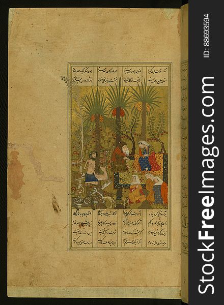 An elegantly illuminated and illustrated copy of the Khamsah &#x28;quintet&#x29; of Niẓāmī Ganjavī &#x28;d.605 AH / 1209 CE&#x29; executed by Yār Muḥammad al-Haravī in 922 AH / 1516 CE. Written in four columns in black nastaʿlīq script, this manuscripts opens with a double-page decorative composition signed by ʿAbd al-Wahhāb ibn ʿAbd al-Fattāḥ ibn ʿAlī, of which this is one side. It contains 35 miniatures. Laylá and Majnūn fainting at the sight of each other. See this manuscript page by page at the Walters Art Museum website: art.thewalters.org/viewwoa.aspx?id=21272. An elegantly illuminated and illustrated copy of the Khamsah &#x28;quintet&#x29; of Niẓāmī Ganjavī &#x28;d.605 AH / 1209 CE&#x29; executed by Yār Muḥammad al-Haravī in 922 AH / 1516 CE. Written in four columns in black nastaʿlīq script, this manuscripts opens with a double-page decorative composition signed by ʿAbd al-Wahhāb ibn ʿAbd al-Fattāḥ ibn ʿAlī, of which this is one side. It contains 35 miniatures. Laylá and Majnūn fainting at the sight of each other. See this manuscript page by page at the Walters Art Museum website: art.thewalters.org/viewwoa.aspx?id=21272