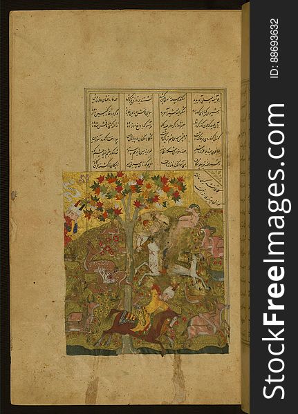 An elegantly illuminated and illustrated copy of the Khamsah &#x28;quintet&#x29; of Niẓāmī Ganjavī &#x28;d.605 AH / 1209 CE&#x29; executed by Yār Muḥammad al-Haravī in 922 AH / 1516 CE. Written in four columns in black nastaʿlīq script, this manuscripts opens with a double-page decorative composition signed by ʿAbd al-Wahhāb ibn ʿAbd al-Fattāḥ ibn ʿAlī, of which this is one side. It contains 35 miniatures. The folio represents Iskandar hunting deer &#x28;smudged&#x29;. See this manuscript page by page at the Walters Art Museum website: art.thewalters.org/viewwoa.aspx?id=21272. An elegantly illuminated and illustrated copy of the Khamsah &#x28;quintet&#x29; of Niẓāmī Ganjavī &#x28;d.605 AH / 1209 CE&#x29; executed by Yār Muḥammad al-Haravī in 922 AH / 1516 CE. Written in four columns in black nastaʿlīq script, this manuscripts opens with a double-page decorative composition signed by ʿAbd al-Wahhāb ibn ʿAbd al-Fattāḥ ibn ʿAlī, of which this is one side. It contains 35 miniatures. The folio represents Iskandar hunting deer &#x28;smudged&#x29;. See this manuscript page by page at the Walters Art Museum website: art.thewalters.org/viewwoa.aspx?id=21272