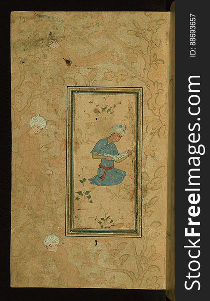 This small anthology of Persian poetry consisting of poems by such authors as JÃ„ÂmÃ„Â«, AzÃ„ÂrÃ„Â«, FayzÃŒÂ¤Ã„Â«, NavÃ„ÂÃŠÂ¾Ã„Â«, and SaÃŠÂ¿dÃ„Â« was put together by an anonymous scribe in 1105 AH / 1693 CE. Illustrated with six miniatures, the margins of this manuscript are embellished with stenciled designs of angels, men and animals. The page represents a seated young man reading from a book of Persian poetry. See this manuscript page by page at the Walters Art Museum website: art.thewalters.org/viewwoa.aspx?id=19402. This small anthology of Persian poetry consisting of poems by such authors as JÃ„ÂmÃ„Â«, AzÃ„ÂrÃ„Â«, FayzÃŒÂ¤Ã„Â«, NavÃ„ÂÃŠÂ¾Ã„Â«, and SaÃŠÂ¿dÃ„Â« was put together by an anonymous scribe in 1105 AH / 1693 CE. Illustrated with six miniatures, the margins of this manuscript are embellished with stenciled designs of angels, men and animals. The page represents a seated young man reading from a book of Persian poetry. See this manuscript page by page at the Walters Art Museum website: art.thewalters.org/viewwoa.aspx?id=19402