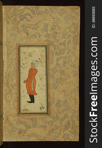 This small anthology of Persian poetry consisting of poems by such authors as Jāmī, Azārī, Fayz̤ī, Navāʾī, and Saʿdī was put together by an anonymous scribe in 1105 AH / 1693 CE. Illustrated with six miniatures, the margins of this manuscript are embellished with stenciled designs of angels, men and animals. The folio illustrates a young man standing with a pomegranate in his right hand. See this manuscript page by page at the Walters Art Museum website: art.thewalters.org/viewwoa.aspx?id=19402. This small anthology of Persian poetry consisting of poems by such authors as Jāmī, Azārī, Fayz̤ī, Navāʾī, and Saʿdī was put together by an anonymous scribe in 1105 AH / 1693 CE. Illustrated with six miniatures, the margins of this manuscript are embellished with stenciled designs of angels, men and animals. The folio illustrates a young man standing with a pomegranate in his right hand. See this manuscript page by page at the Walters Art Museum website: art.thewalters.org/viewwoa.aspx?id=19402