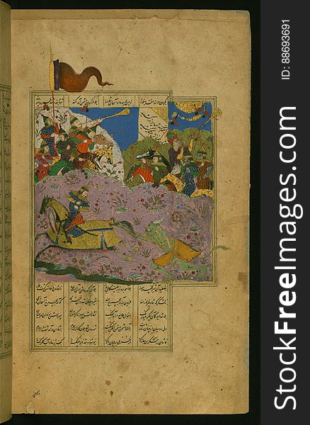 An elegantly illuminated and illustrated copy of the Khamsah &#x28;quintet&#x29; of Niáº“ÄmÄ« GanjavÄ« &#x28;d.605 AH / 1209 CE&#x29; executed by YÄr Muá¸¥ammad al-HaravÄ« in 922 AH / 1516 CE. Written in four columns in black nastaÊ¿lÄ«q script, this manuscripts opens with a double-page decorative composition signed by Ê¿Abd al-WahhÄb ibn Ê¿Abd al-FattÄá¸¥ ibn Ê¿AlÄ«, of which this is one side. It contains 35 miniatures.The folio represents Iskandar fighting the Russian warrior. See this manuscript page by page at the Walters Art Museum website: art.thewalters.org/viewwoa.aspx?id=21272. An elegantly illuminated and illustrated copy of the Khamsah &#x28;quintet&#x29; of Niáº“ÄmÄ« GanjavÄ« &#x28;d.605 AH / 1209 CE&#x29; executed by YÄr Muá¸¥ammad al-HaravÄ« in 922 AH / 1516 CE. Written in four columns in black nastaÊ¿lÄ«q script, this manuscripts opens with a double-page decorative composition signed by Ê¿Abd al-WahhÄb ibn Ê¿Abd al-FattÄá¸¥ ibn Ê¿AlÄ«, of which this is one side. It contains 35 miniatures.The folio represents Iskandar fighting the Russian warrior. See this manuscript page by page at the Walters Art Museum website: art.thewalters.org/viewwoa.aspx?id=21272