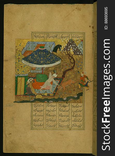 An elegantly illuminated and illustrated copy of the Khamsah &#x28;quintet&#x29; of Niáº“ÄmÄ« GanjavÄ« &#x28;d.605 AH / 1209 CE&#x29; executed by YÄr Muá¸¥ammad al-HaravÄ« in 922 AH / 1516 CE. Written in four columns in black nastaÊ¿lÄ«q script, this manuscripts opens with a double-page decorative composition signed by Ê¿Abd al-WahhÄb ibn Ê¿Abd al-FattÄá¸¥ ibn Ê¿AlÄ«, of which this is one side. It contains 35 miniatures.Khusraw trying to fend off an attacking lion See this manuscript page by page at the Walters Art Museum website: art.thewalters.org/viewwoa.aspx?id=21272. An elegantly illuminated and illustrated copy of the Khamsah &#x28;quintet&#x29; of Niáº“ÄmÄ« GanjavÄ« &#x28;d.605 AH / 1209 CE&#x29; executed by YÄr Muá¸¥ammad al-HaravÄ« in 922 AH / 1516 CE. Written in four columns in black nastaÊ¿lÄ«q script, this manuscripts opens with a double-page decorative composition signed by Ê¿Abd al-WahhÄb ibn Ê¿Abd al-FattÄá¸¥ ibn Ê¿AlÄ«, of which this is one side. It contains 35 miniatures.Khusraw trying to fend off an attacking lion See this manuscript page by page at the Walters Art Museum website: art.thewalters.org/viewwoa.aspx?id=21272