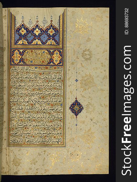 An illuminated large size copy of the Koran &#x28;Qur&#x27;an&#x29; produced in the 11th century AH / 17th CE in Iran. Apart from using a number of scripts, such as naskh, muá¸¥aqqaq and tawqÄ«Ê¿, this codex features six pairs of decorated pages, two illuminated headpieces, as well as illuminated chapter headings, cloud-bands, and marginal decoration. The black morocco binding has a central piece in the form of a diamond with pendants on four sides. The inner covers, having a traditional dentelle decoration, features text from the &#x22;the verse of the throne&#x22; &#x28;Äyat al-kursÄ«&#x29;, which is inscribed in the outer frame. This is a decorated incipit page with illuminated headpiece introducing chapter 18, SÅ«rat al-kahf. An illuminated large size copy of the Koran &#x28;Qur&#x27;an&#x29; produced in the 11th century AH / 17th CE in Iran. Apart from using a number of scripts, such as naskh, muá¸¥aqqaq and tawqÄ«Ê¿, this codex features six pairs of decorated pages, two illuminated headpieces, as well as illuminated chapter headings, cloud-bands, and marginal decoration. The black morocco binding has a central piece in the form of a diamond with pendants on four sides. The inner covers, having a traditional dentelle decoration, features text from the &#x22;the verse of the throne&#x22; &#x28;Äyat al-kursÄ«&#x29;, which is inscribed in the outer frame. This is a decorated incipit page with illuminated headpiece introducing chapter 18, SÅ«rat al-kahf.