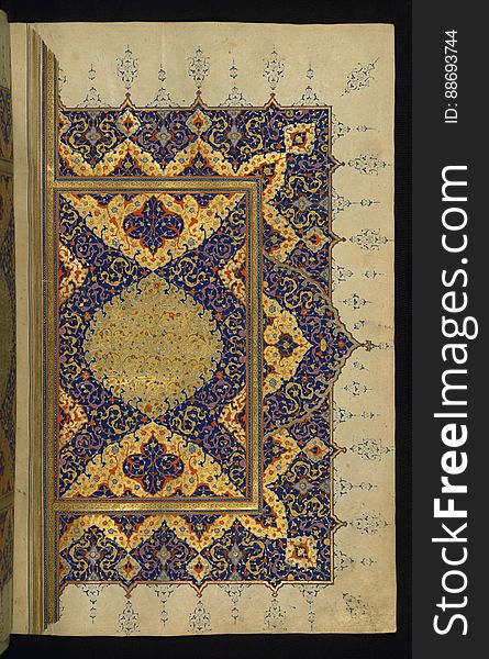 An illuminated large size copy of the Koran &#x28;Qur&#x27;an&#x29; produced in the 11th century AH / 17th CE in Iran. Apart from using a number of scripts, such as naskh, muḥaqqaq and tawqīʿ, this codex features six pairs of decorated pages, two illuminated headpieces, as well as illuminated chapter headings, cloud-bands, and marginal decoration. The black morocco binding has a central piece in the form of a diamond with pendants on four sides. The inner covers, having a traditional dentelle decoration, features text from the &#x22;the verse of the throne&#x22; &#x28;āyat al-kursī&#x29;, which is inscribed in the outer frame. Beautifully illuminated page with verses from the end of chapter 17 &#x28; Sūrat Banī Isrāʾīl&#x29; inscribed in the centerpiece in white muḥaqqaq script. An illuminated large size copy of the Koran &#x28;Qur&#x27;an&#x29; produced in the 11th century AH / 17th CE in Iran. Apart from using a number of scripts, such as naskh, muḥaqqaq and tawqīʿ, this codex features six pairs of decorated pages, two illuminated headpieces, as well as illuminated chapter headings, cloud-bands, and marginal decoration. The black morocco binding has a central piece in the form of a diamond with pendants on four sides. The inner covers, having a traditional dentelle decoration, features text from the &#x22;the verse of the throne&#x22; &#x28;āyat al-kursī&#x29;, which is inscribed in the outer frame. Beautifully illuminated page with verses from the end of chapter 17 &#x28; Sūrat Banī Isrāʾīl&#x29; inscribed in the centerpiece in white muḥaqqaq script.