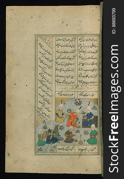 An illuminated and illustrated copy of the collected works of Sa`di &#x28;d.691/1292&#x29; &#x28;Kullīyāt-i Saʿdī&#x29; containing, among others, his Gulistān and Bustān. The present manuscript was penned by an anonymous calligrapher in Shiraz &#x28;Iran&#x29; in 934 AH / 1527 CE. Majlis with music and wine. See this manuscript page by page at the Walters Art Museum website: art.thewalters.org/viewwoa.aspx?id=22469. An illuminated and illustrated copy of the collected works of Sa`di &#x28;d.691/1292&#x29; &#x28;Kullīyāt-i Saʿdī&#x29; containing, among others, his Gulistān and Bustān. The present manuscript was penned by an anonymous calligrapher in Shiraz &#x28;Iran&#x29; in 934 AH / 1527 CE. Majlis with music and wine. See this manuscript page by page at the Walters Art Museum website: art.thewalters.org/viewwoa.aspx?id=22469