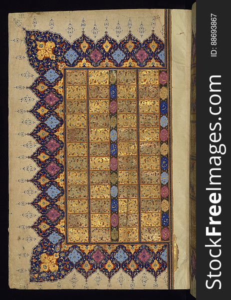 An illuminated large size copy of the Koran &#x28;Qur&#x27;an&#x29; produced in the 11th century AH / 17th CE in Iran. Apart from using a number of scripts, such as naskh, muḥaqqaq and tawqīʿ, this codex features six pairs of decorated pages, two illuminated headpieces, as well as illuminated chapter headings, cloud-bands, and marginal decoration. The black morocco binding has a central piece in the form of a diamond with pendants on four sides. The inner covers, having a traditional dentelle decoration, features text from the &#x22;the verse of the throne&#x22; &#x28;āyat al-kursī&#x29;, which is inscribed in the outer frame. The left side of a table of divination &#x28;bibliomancy or tafa&#x27;ul&#x29; in Arabic executed in tawqīʿ and Persian in nastaʿlīq scripts. An illuminated large size copy of the Koran &#x28;Qur&#x27;an&#x29; produced in the 11th century AH / 17th CE in Iran. Apart from using a number of scripts, such as naskh, muḥaqqaq and tawqīʿ, this codex features six pairs of decorated pages, two illuminated headpieces, as well as illuminated chapter headings, cloud-bands, and marginal decoration. The black morocco binding has a central piece in the form of a diamond with pendants on four sides. The inner covers, having a traditional dentelle decoration, features text from the &#x22;the verse of the throne&#x22; &#x28;āyat al-kursī&#x29;, which is inscribed in the outer frame. The left side of a table of divination &#x28;bibliomancy or tafa&#x27;ul&#x29; in Arabic executed in tawqīʿ and Persian in nastaʿlīq scripts.