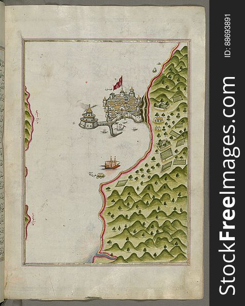 Illuminated Manuscript The Methana &#x28;MutÅ«n&#x29; fortress in the Saronikos &#x28;Aiyina&#x29; Bay, from Book on Navigation, W