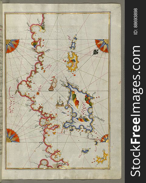 Illuminated Manuscript, The Islands Of Corfu &x28;Kerkira, KÅ«rfÅ«z&x29; And Paxi &x28;Paxoi&x29; From Book On Navigation, Wal