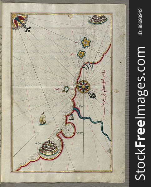 Illuminated Manuscript, Map of the coastline from Marano &#x28;Mūrān&#x29; to Caorle &#x28;Qāvarlī&#x29;, Province of Venice f