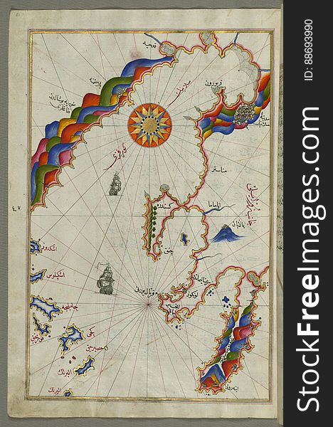 Originally composed in 932 AH / 1525 CE and dedicated to Sultan Süleyman I &#x28;&quot;The Magnificent&quot;&#x29;, this great work by Piri Reis &#x28;d. 962 AH / 1555 CE&#x29; on navigation was later revised and expanded. The present manuscript, made mostly in the late 11th AH / 17th CE century, is based on the later expanded version with some 240 exquisitely executed maps and portolan charts. They include this world map with the outline of the Americas, as well as coastlines &#x28;bays, capes, peninsulas&#x29;, islands, mountains and cities of the Mediterranean basin and the Black Sea. The work starts with the description of the coastline of Anatolia and the islands of the Aegean Sea, the Peloponnese peninsula and eastern and western coasts of the Adriatic Sea. It then proceeds to describe the western shores of Italy, southern France, Spain, North Africa, Palestine, Israel, Lebanon, Syria, western Anatolia, various islands north of Crete, Sea of Marmara, Bosporus and the Black Sea. It ends with a map of the shores of the the Caspian Sea &#x28;fol.374a&#x29;. See this manuscript page by page at the Walters Art Museum website: art.thewalters.org/viewwoa.aspx?id=19195. Originally composed in 932 AH / 1525 CE and dedicated to Sultan Süleyman I &#x28;&quot;The Magnificent&quot;&#x29;, this great work by Piri Reis &#x28;d. 962 AH / 1555 CE&#x29; on navigation was later revised and expanded. The present manuscript, made mostly in the late 11th AH / 17th CE century, is based on the later expanded version with some 240 exquisitely executed maps and portolan charts. They include this world map with the outline of the Americas, as well as coastlines &#x28;bays, capes, peninsulas&#x29;, islands, mountains and cities of the Mediterranean basin and the Black Sea. The work starts with the description of the coastline of Anatolia and the islands of the Aegean Sea, the Peloponnese peninsula and eastern and western coasts of the Adriatic Sea. It then proceeds to describe the western shores of Italy, southern France, Spain, North Africa, Palestine, Israel, Lebanon, Syria, western Anatolia, various islands north of Crete, Sea of Marmara, Bosporus and the Black Sea. It ends with a map of the shores of the the Caspian Sea &#x28;fol.374a&#x29;. See this manuscript page by page at the Walters Art Museum website: art.thewalters.org/viewwoa.aspx?id=19195