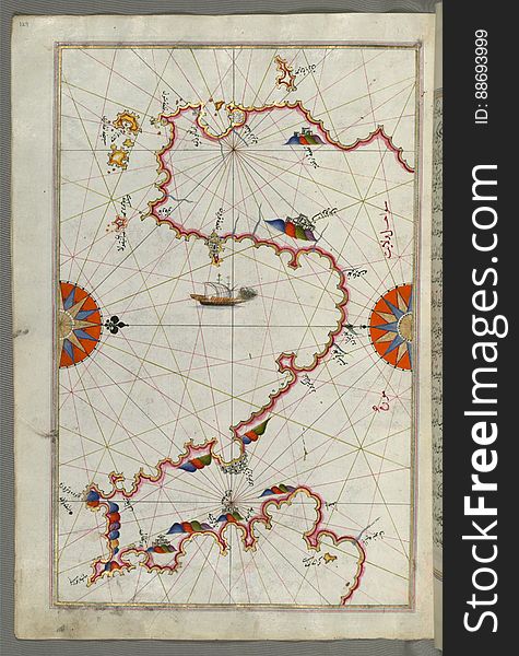 Illuminated Manuscript Messiniakos Bay &x28;Bay Of Messini&x29;, Fr, Om Book On Navigation, Walters Art Museum Ms. W.658, Fol.12