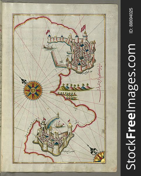 Illuminated Manuscript, Map of the coastline from Muggia &#x28;Milje, Mūye&#x29; to Trieste &#x28;Rishtī&#x29; &#x28;Italy&#x29