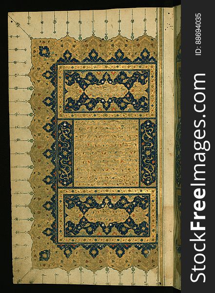 An illuminated and illustrated copy of the collected works of Sa`di &#x28;d.691/1292&#x29; &#x28;Kullīyāt-i Saʿdī&#x29; containing, among others, his Gulistān and Bustān. The present manuscript was penned by an anonymous calligrapher in Shiraz &#x28;Iran&#x29; in 934 AH / 1527 CE. Left side of an illuminated double-page with verses in honor of Saʿdī. See this manuscript page by page at the Walters Art Museum website: art.thewalters.org/viewwoa.aspx?id=22469. An illuminated and illustrated copy of the collected works of Sa`di &#x28;d.691/1292&#x29; &#x28;Kullīyāt-i Saʿdī&#x29; containing, among others, his Gulistān and Bustān. The present manuscript was penned by an anonymous calligrapher in Shiraz &#x28;Iran&#x29; in 934 AH / 1527 CE. Left side of an illuminated double-page with verses in honor of Saʿdī. See this manuscript page by page at the Walters Art Museum website: art.thewalters.org/viewwoa.aspx?id=22469