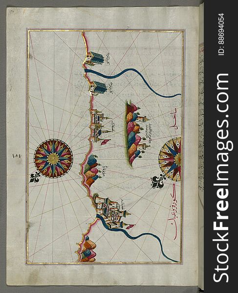 Illuminated Manuscript, Map of the Italian coastline from Pesaro &#x28;Pāzarū&#x29; south from Book on Navigation, Walters Art M