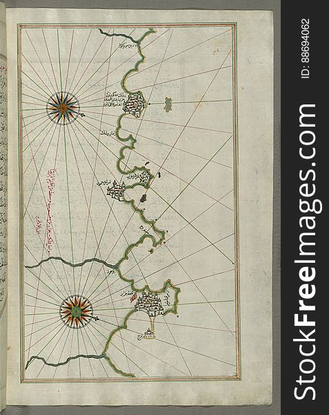 Illuminated Manuscript, Map of the Algerian coast around Algiers &#x28;Jazāʾir&#x29; from Book on Navigation, Walters Art Museum