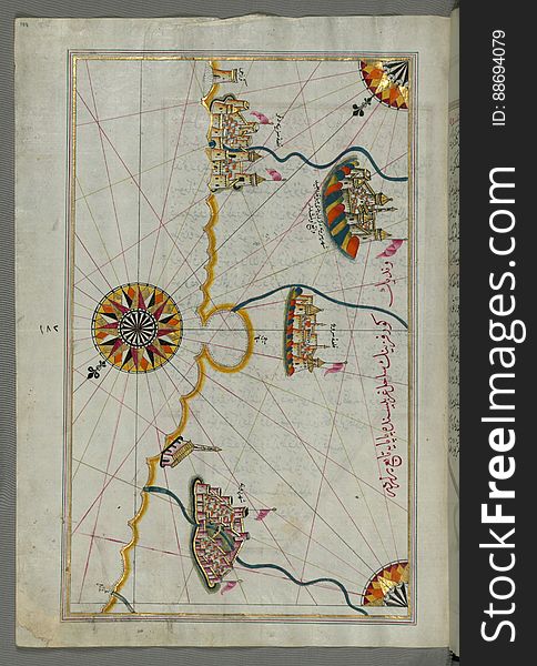 Illuminated Manuscript, Map of the Italian coastline with the cities of Ravenna &#x28;Ruvenne&#x29; and Cesena &#x28;Sazīne&#x29