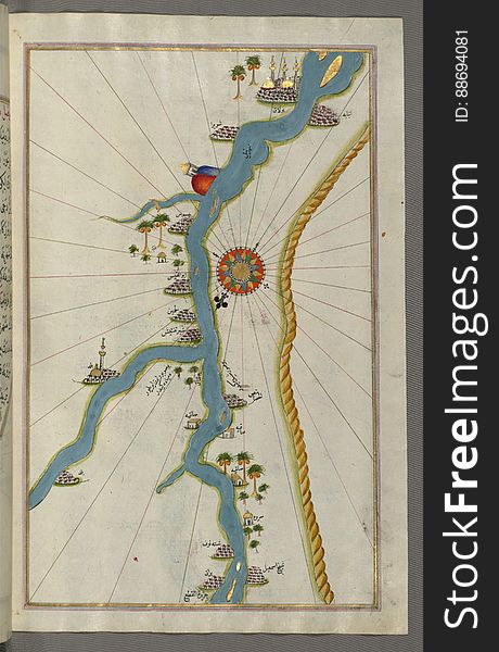 Illuminated Manuscript, Map Of Towns And Oasis Along The River Nile Beginning With BÅ«lÄq &x28;south Of Cairo&x29; From Book On