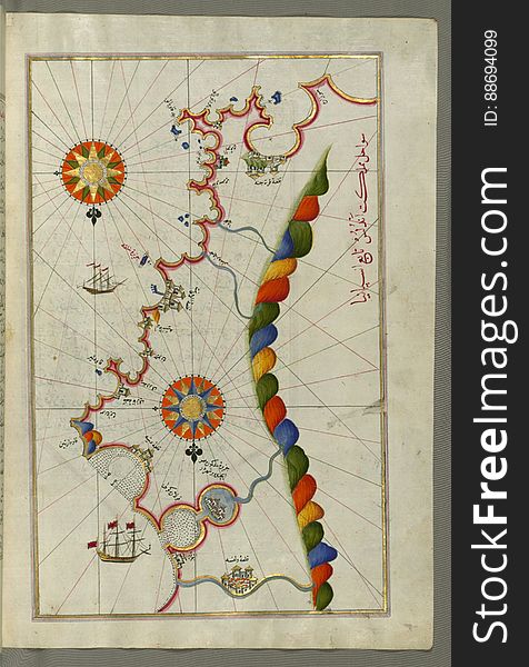 Illuminated Manuscript, Map Of The Coast Of Andalusia From Valencia &x28;Valense&x29; To Cartagena &x28;Qarte Cine&x29; From B
