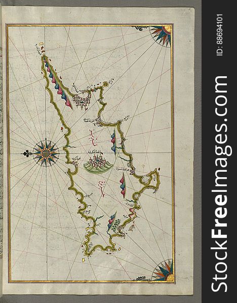 Illuminated Manuscript, Map Of The Island Of Cyprus &x28;QibrÄ«z, KÄ±brÄ±s&x29; From Book On Navigation, Walters Art Museum Ms.