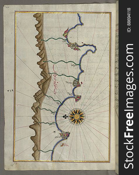 Illuminated Manuscript, Map Of The Anatolian Coast As Far As Alanya &x28;Ê¿AlÄÊ¾iye, Alaiye&x29; From Book On Navigation, Walte