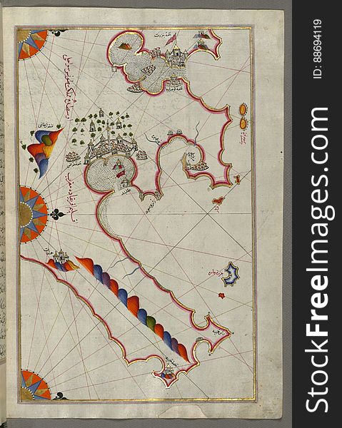 Illuminated Manuscript, Map Of The Tunisian Coast With The Ports Of Bizerte &x28;Binzert&x29; And Tunis &x28;á¹¬Å«nÅ«s&x29; As