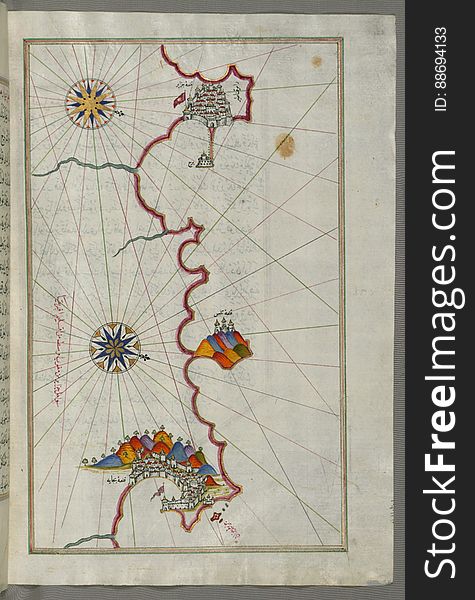 Illuminated Manuscript, Map Of The Algerian Coast From Algiers &x28;JazÄÊ¾ir&x29; To Bejaia &x28;BajÄyah&x29; From Book On N