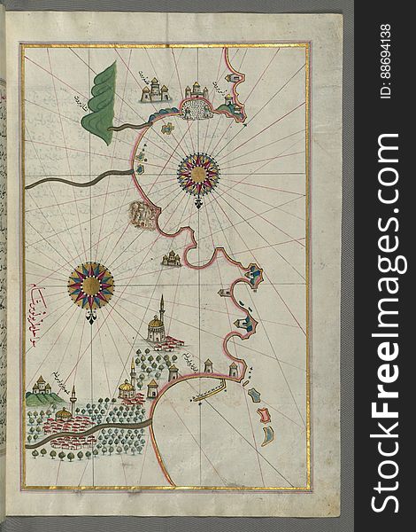 Illuminated Manuscript, Map Of The Eastern Mediterranean Coast And City Of Tripoli &x28;á¹¬arÄbulusâ€“i ShÄm&x29; &x28;Lebano