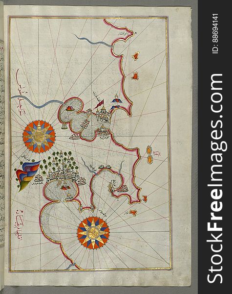 Illuminated Manuscript, Map Of The Coast Of Tunisia With The Ports Of Bizerte &x28;Binzert&x29; And Tunis &x28;á¹¬Å«nÅ«s&x29;